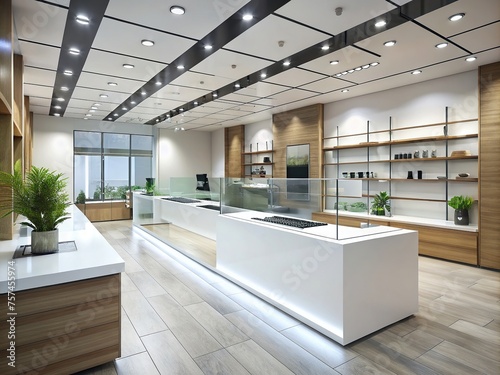 A modern style shop with wide reception counters and transparent interior elements generative ai