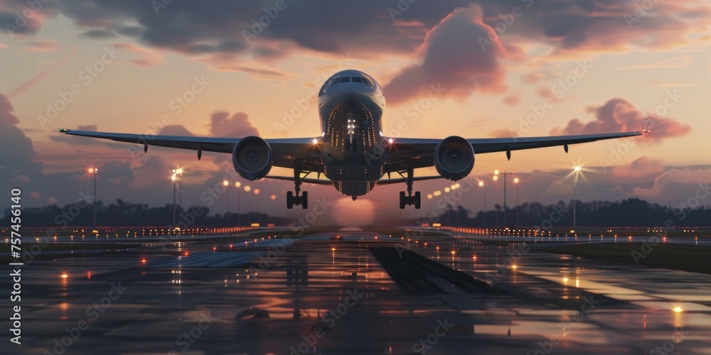 passenger plane takes off from the airfield Generative AI - obrazy, fototapety, plakaty 