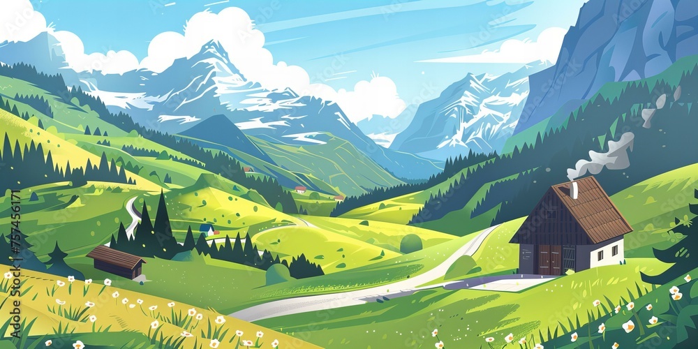 Swiss landscape illustration with green fields and the Alps