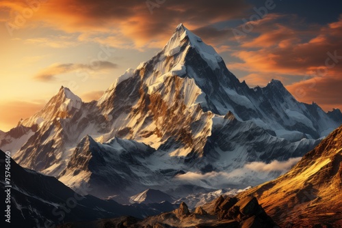 Snowy mountain at sunset with cloudy sky in the background