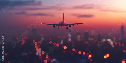 passenger plane flies over the night city Generative AI photo