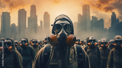 Big cities covered in toxic fumes People wearing masks Depicts the problem of air pollution #757456367