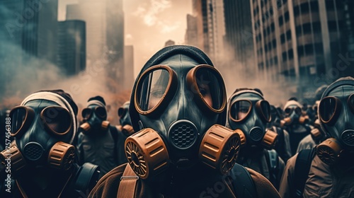 Big cities covered in toxic fumes People wearing masks Depicts the problem of air pollution #757456388