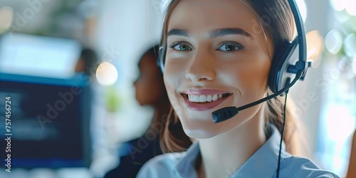 Smiling, call center and telemarketing female worker. Woman wearing headset talking to customers