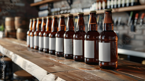 A neat line of closed, unlabeled beer bottles on a bar top with a blurry background of a bar shelf photo
