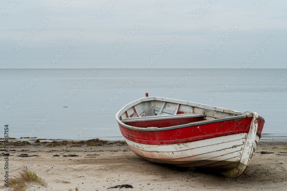 Solitary Boat on a Peaceful Shore Under an Overcast Sky Solitary Boat on a Peaceful Shore Under an Overcast Sky
