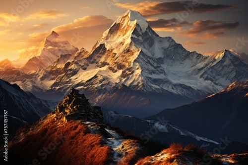 Snowy mountain glowing in the sunset, a natural landscape masterpiece © JackDong