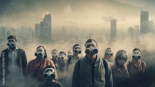 Big cities covered in toxic fumes People wearing masks Depicts the problem of air pollution #757457175