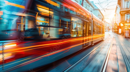 A bright, motion-blurred image of a modern tram speeding along its city track during the evening time