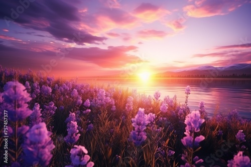 Beautiful scenic landscape of sunrise over a field of blooming purple flowers on the river bank