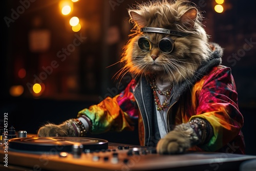 Cute fluffy cat DJ in a bright jacket and round sunglasses plays music on a mixing console at a rave party
