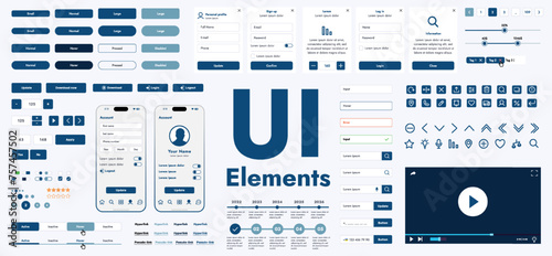 A set of modern web interface elements designed for the development and design of websites and mobile applications. Includes buttons, icons, menus, navigation elements and other components.