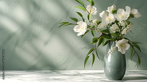 white flowers in a vase on a light grey background, in the style of minimalist backgrounds