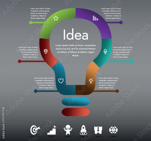 Infographic template for presentations related to business, education or marketing. It represents the concept and development of a business using the image of a lamp as a symbol of an idea.