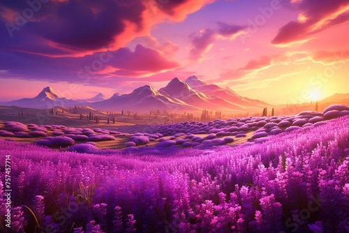 Beautiful scenic illustration of sunrise landscape over a field of blooming purple flowers in a mountain valley