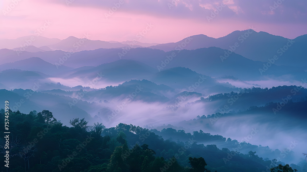 A photo of the Doi Inthanon National Park, with misty mountains as the backdrop, during a crisp dawn