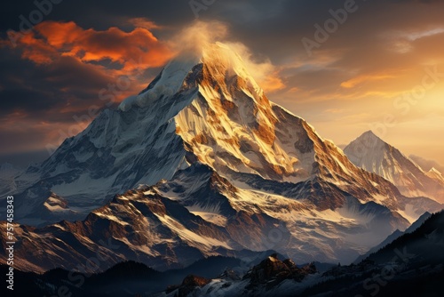 A snowcovered mountain at sunset, with a colorful sky in the background