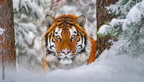 Siberian Tiger in the snow hiding and seeing from trees with spy eyes