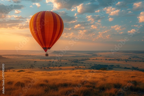 Happy tourist taking a hot air balloon ride over the Serengeti. Full color photo. Canon r5, aperture f/1.8 --ar 3:2 --stylize 750 Job ID: 48e7c8b8-41ae-4a9e-8bb6-81493d574946