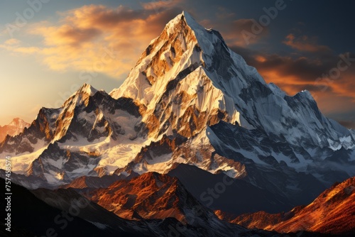 Snowcovered mountain at sunset with cloudy sky in background