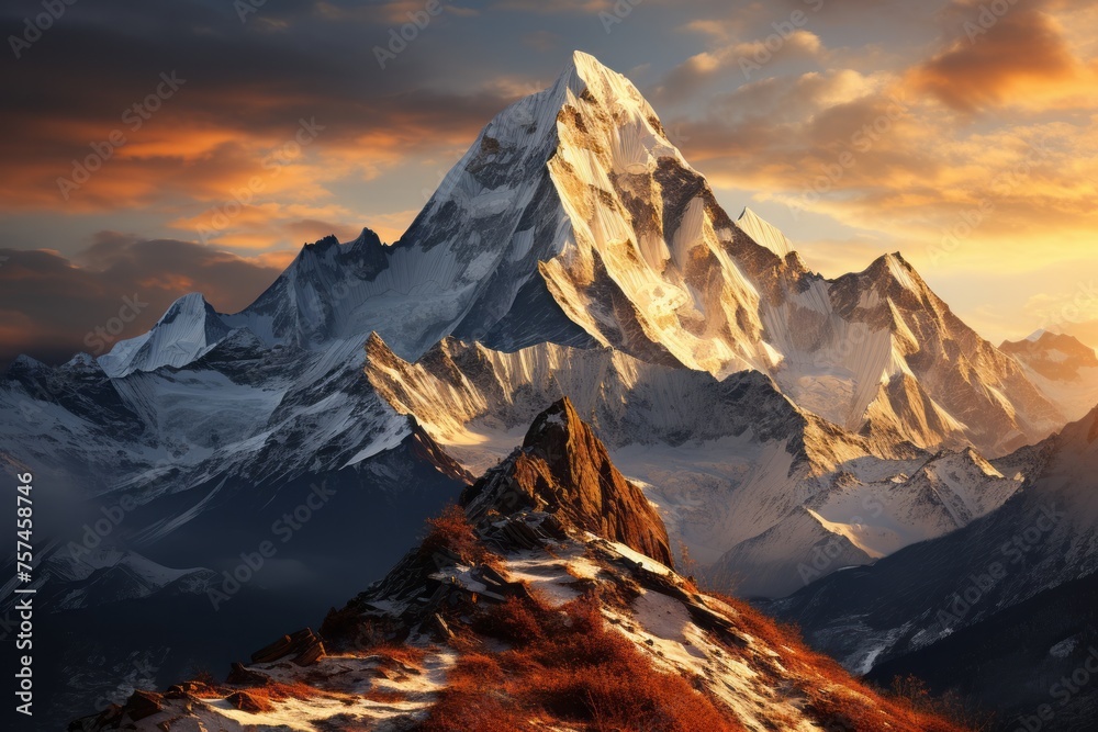 Glacial mountain range at sunset, snowcovered peaks against a fiery sky