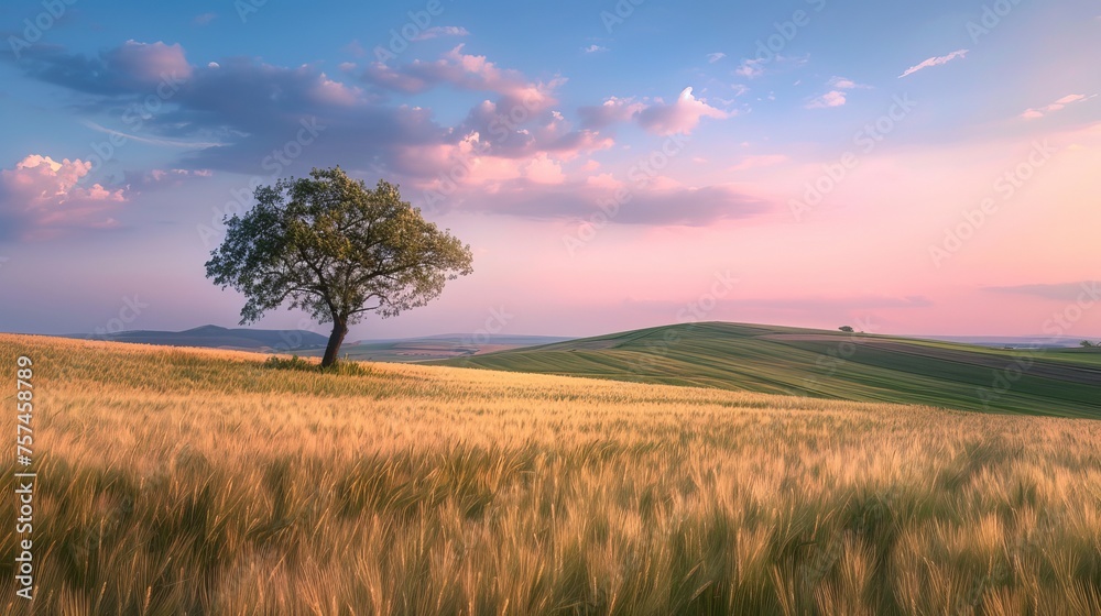 a solitary tree between a field of wheat and cloudy sky