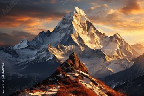 Glacial mountain range at sunset, snowcovered peaks against a fiery sky