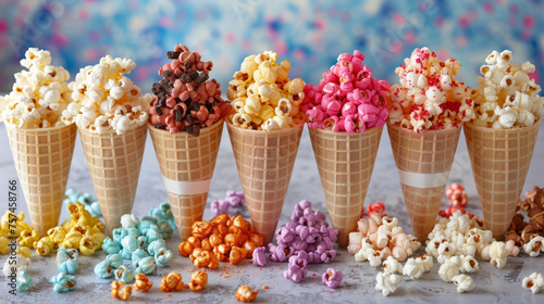 Multiple flavored popcorn in waffle cones neatly arranged on a textured background photo
