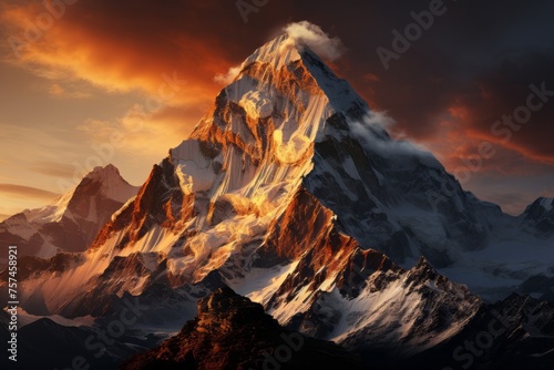 Snowcovered mountain with sunset backdrop in natural landscape