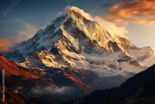 Snowy mountain range under cloudfilled sky at sunset