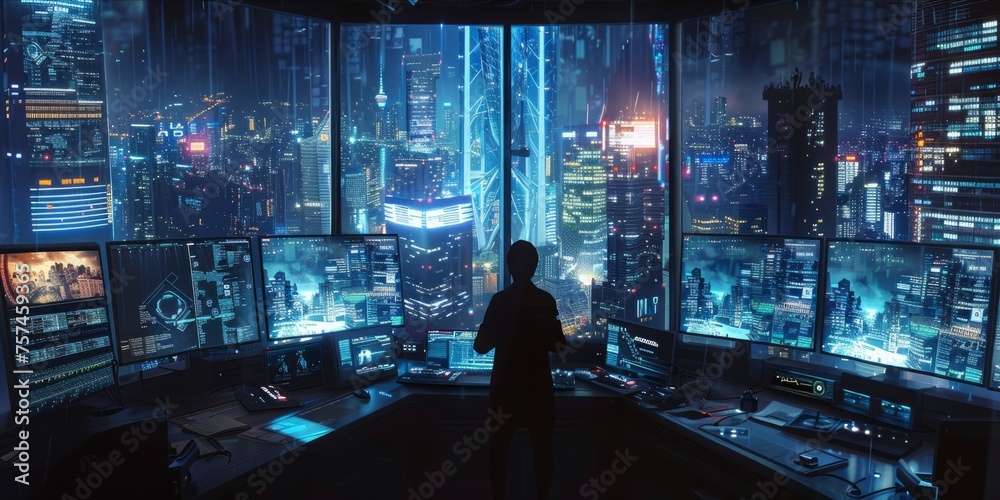 Person in a control room with screens overlooking a futuristic cityscape at night. Person in a control room with screens overlooking a futuristic cityscape at night.
