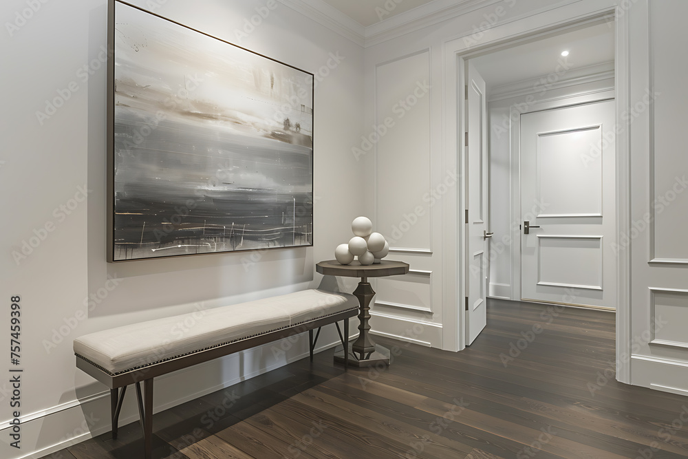 A Hallway With a Bench and a Painting on the Wall A Hallway With a Bench and a Painting on the Wall