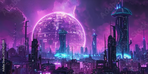 Futuristic cityscape with glowing structures under a night sky. photo
