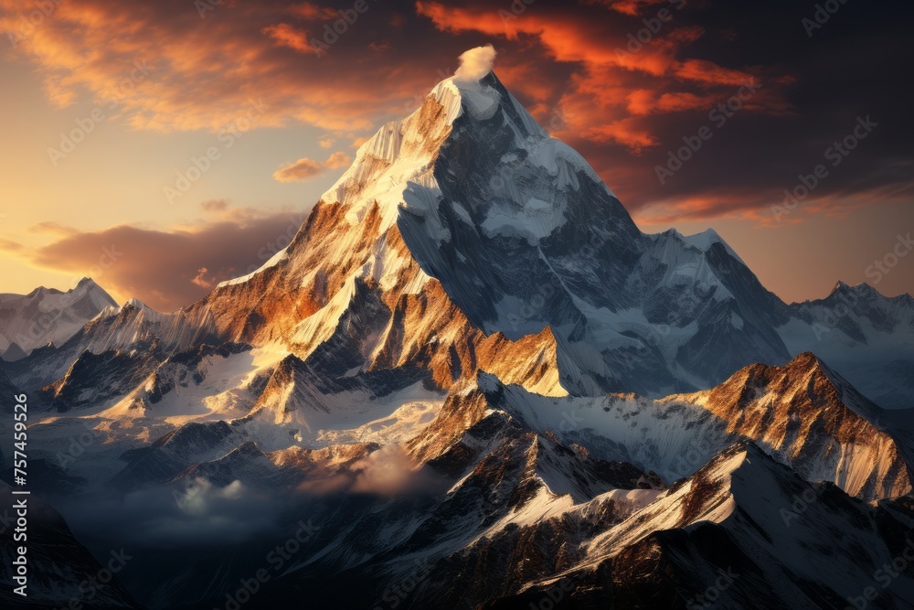 Snowy mountain at sunset, with ice and clouds highlighting the natural landscape