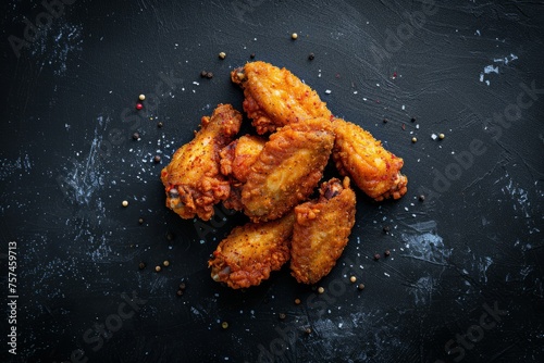 Stack of freshly fried chicken pieces arranged on a dark table