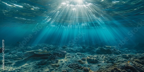 Underwater view with sunlight piercing through the ocean s surface.