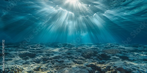 Underwater view with sunlight piercing through the ocean s surface.