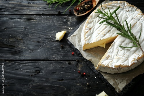 A piece of Brie cheese topped with herbs on a black wooden table, flat lay composition with copy space