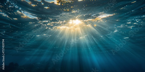 Underwater view with sunlight piercing through the ocean's surface.