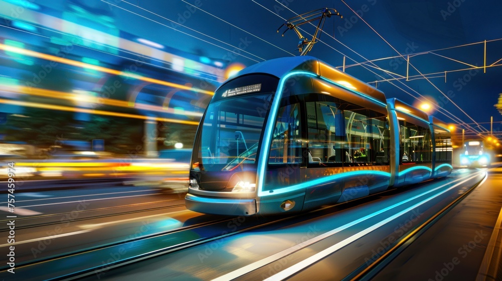 The tram lights up the night, blurring past as it travels through the cityscape, depicting the pulse of urban life