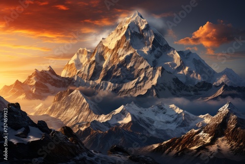 A snowcovered mountain with clouds at sunset in a stunning natural landscape