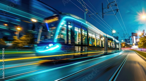 A vibrant image capturing the dynamic motion of a modern tram streaming through the city streets during nighttime © GoodandEvil