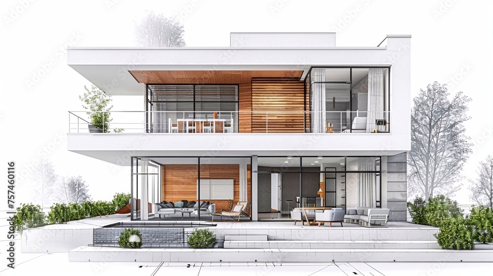 White model of contemporary style house with focus on balcony overlying detailed blueprints' cutout on white background White model of contemporary style house with focus on balcony overlying detailed blueprints' cutout on white background