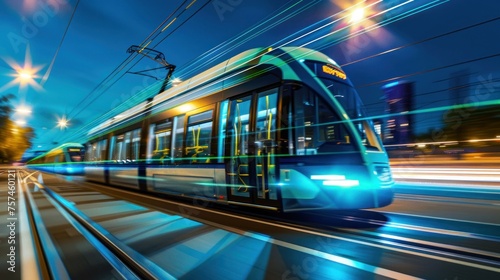 A tram illuminates the night as it speeds through the city with a futuristic glow and shimmering street lights