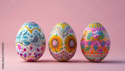 Vibrant hand-painted easter eggs on pink background