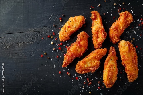 Crispy chicken tenders with pepper flakes displayed on a black wooden background photo