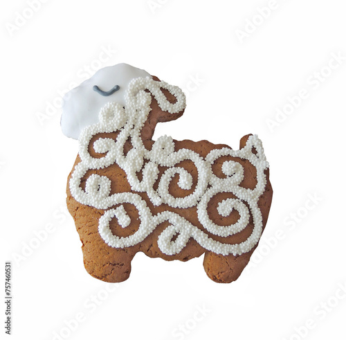 Sweet tasty sheep shaped Gingerbread cookie on a white background