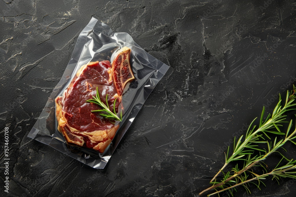 A piece of meat enveloped in foil placed beside a sprig of rosemary on a black stone background