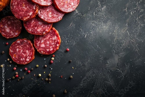 A close-up view of a pile of sliced sausage next to a pile of pepperoni on a black background photo
