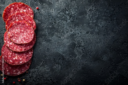 A commercial photo featuring a pile of dry-cured fuet salami sausage slices neatly arranged on a black background with plenty of copy space
